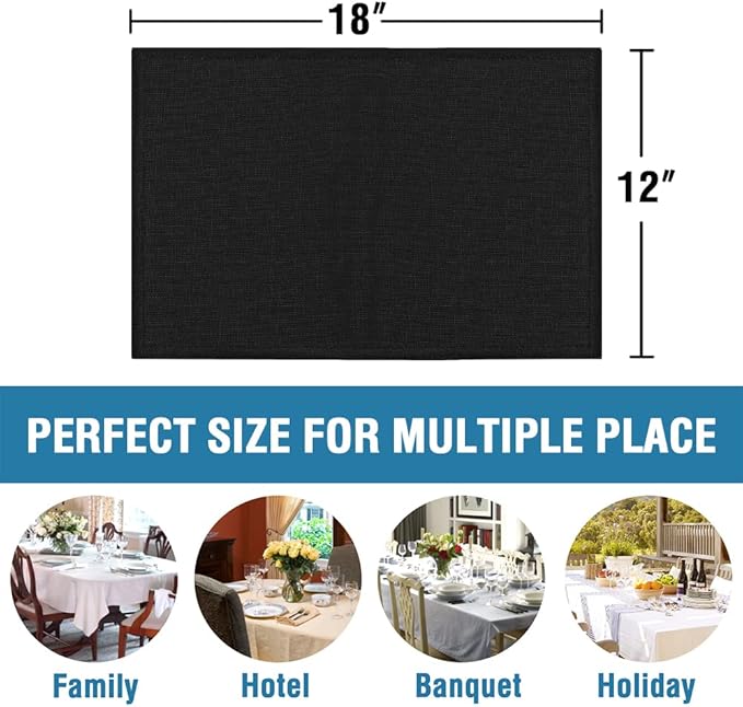 H.VERSAILTEX Linen Placemats Set of 6 Premium Solid Table Placemats for Dining Table Spill-Proof Waterproof Table Mats Heat-Resistant Kitchen Table Mats Washable, 12x18 inches, Black