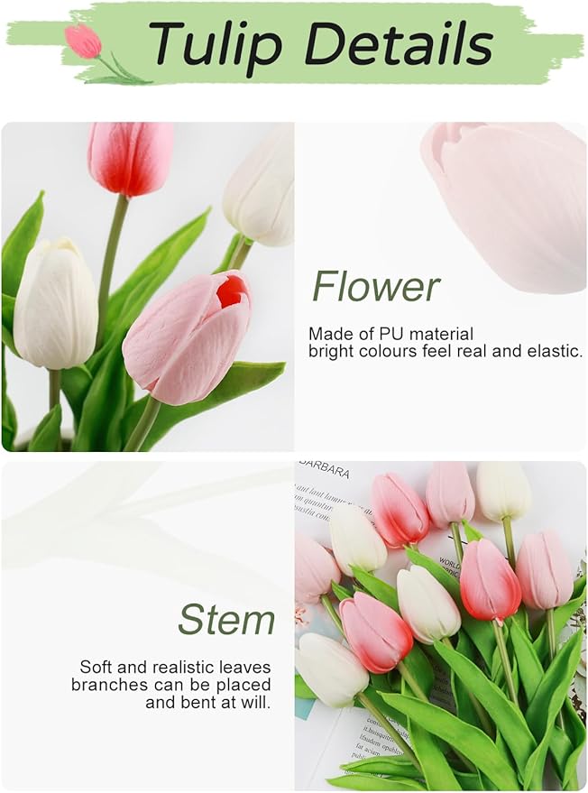 Beferr 18pcs Tulips Artificial Flowers Faux Tulip Real Touch Tulip Fake Flowers Bouquets Arrangements for Mothers Day Spring Easter Wedding Home Table Decor Coral Pink
