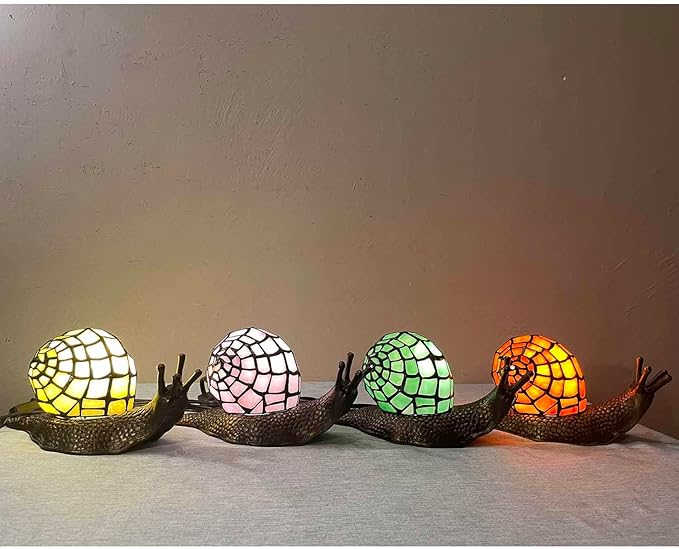 Bieye L10962 Land Snail Tiffany Style Stained Glass Accent Table Lamp for Home Decor (Pink, 10" D x 5" W x 5" H)