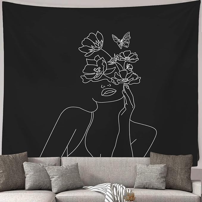 Miytal Art Line Aesthetic Black Tapestry, Simple Women with Flower Butterfly Wall Hanging, Modern Minimalist Abstract Creative Sketch Wall Décor for Dorm Bedroom Living Room – 59.1” x 80” - Black