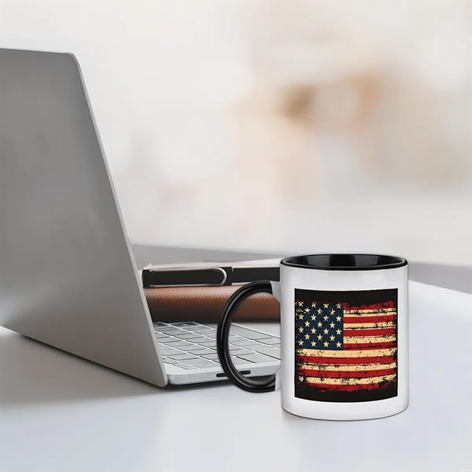 Mugs for Women, Coffee Cups Ceramic Mug, America Flag Vintage Black Tea Cups with Handle for Men, 11.2oz Ceramic Cup for Home Unique Coffee and Tea Mug Aesthetics