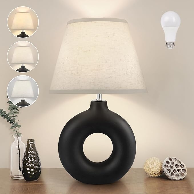 Black Ceramic Table Lamp for Living Room Bedroom, 21" Modern Bedside Lamps with 3 Color Temperature Farmhouse Rustic Table Lights for Night Stands, Dorm, Office, Home Décor (Bulb Included)
