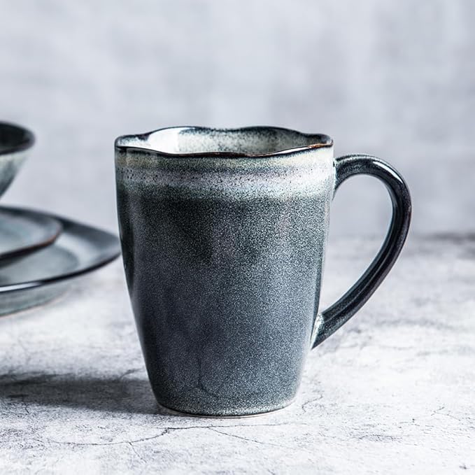 Ceramic Coffee Mugs, Furnace transmutation Craft, 12oz, Vintage Tea Cups with Handle for Office/Home, Handmade Pottery Mug, Corrugated Rim, Dishwasher and Microwave Safe. (Blue)