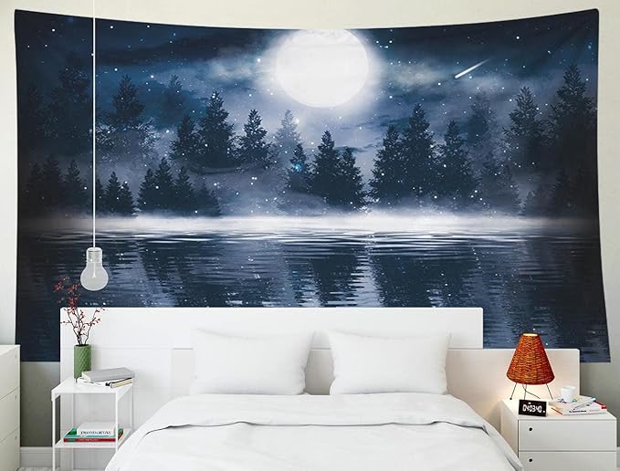 EMMTEEY Moon Tapestry Wall Hanging Dark Forest with Big Moon Moonlight Smoke Shadow Cold Night View Night Sky Tapestry 60X50 Tapestry Outdoor Tapestry
