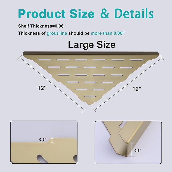 12" Corner Shower Shelf, 2-Pack Bathroom Shelves for Tile Walls, SUS304 Stainless Steel Recessed Shower Shelf, Grout in Corner Organizer Shelves, Brushed Gold, Large Size