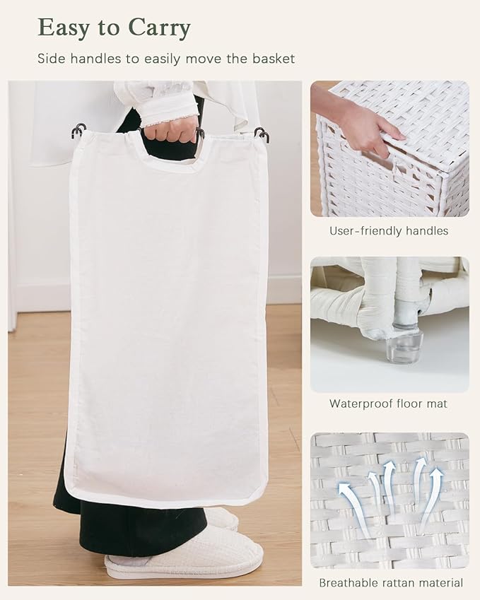 Laundry Hamper with Lid Wicker Laundry Basket 112 L (29.6 Gal) Laundry Hampers Handwoven Rattan Clothes Hamper with Handles 3 Removable Liner Bag, 6 Mesh Bags for Bathroom Bedroom White