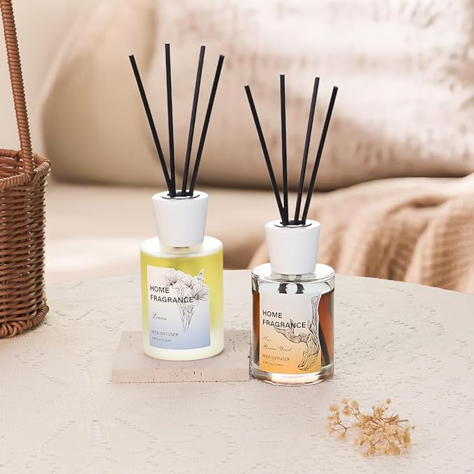 Reed Diffuser - Linen&Sea Guaiac Wood 4.06oz (120ml) 2 Packs Essential Oil Reed Diffuser Set with 16 Sticks, Long Lasting Fragrance for Home, Bathroom, Bedroom, Room, Decor