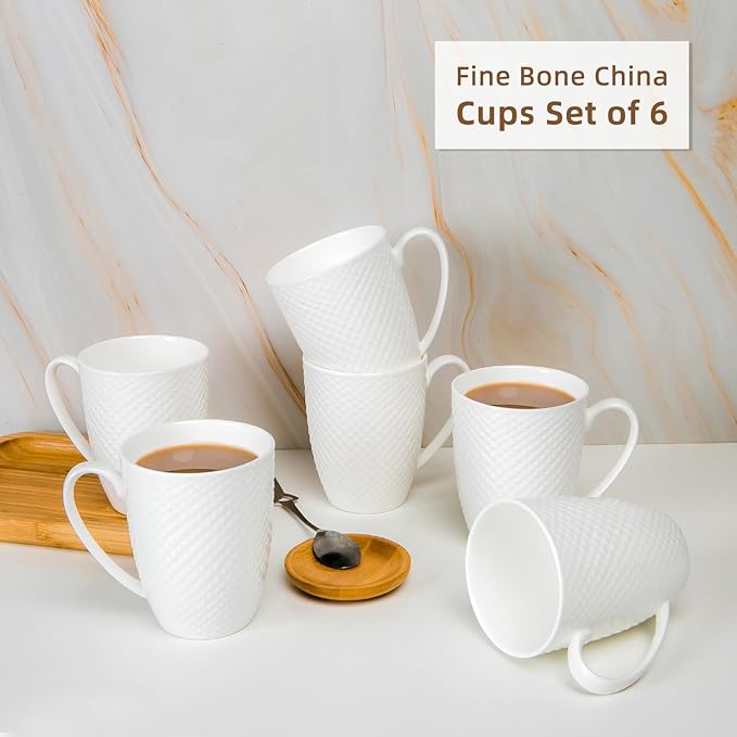 12 Oz Coffee Mugs Set of 6, Fine Bone China Mugs, White Ceramic Coffee Cups Set, Rhombus Relief Texture Coffee Mugs for Latte, Tea, Hot Cocoa, Women, Men
