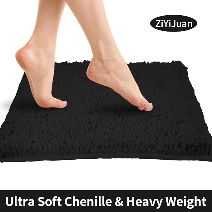ZiYiJuan Bathroom Rugs, Super Absorbent Luxury Shaggy Chenille Bath Mats, Durable Black 17x24_20x32