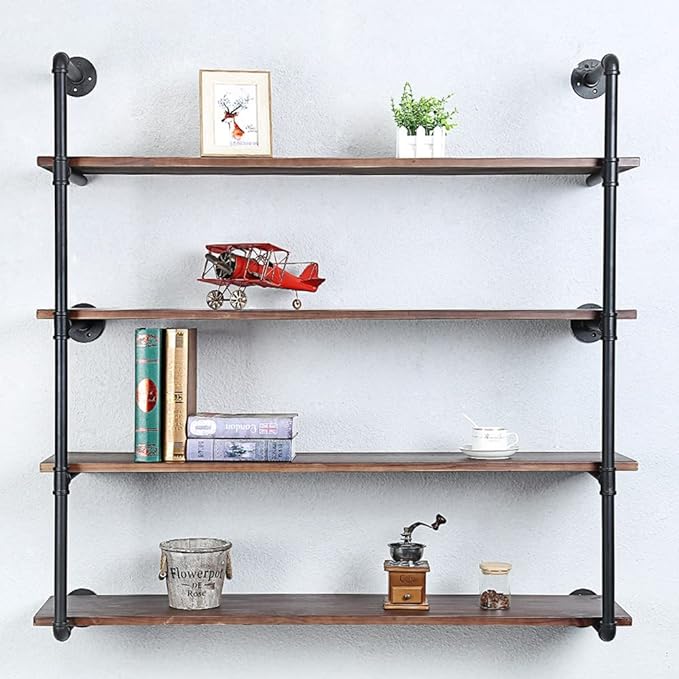 Industrial Pipe Shelving Wall Mounted,48in Rustic Metal Floating Shelves,Steampunk Real Wood Book Shelves,Wall Shelf Unit Bookshelf Hanging Wall Shelves,Farmhouse Kitchen Bar Shelving(4 Tier)