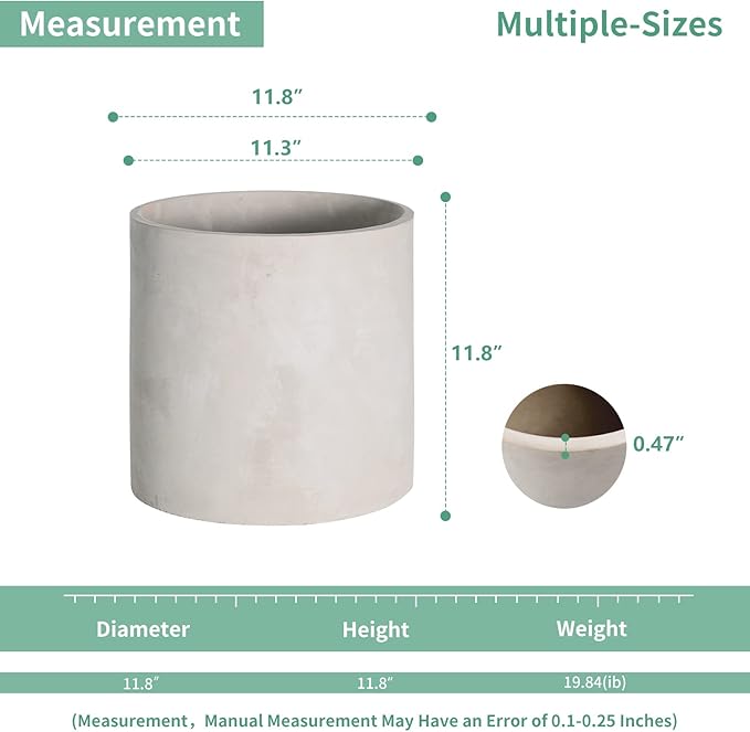 Cement Plant Pots Indoor - 12 inch Concrete Planter Pot for Planting - Modern Stone Clay Flower Pot with Drainage Hole for Garden, Home, Office Decor, Grey