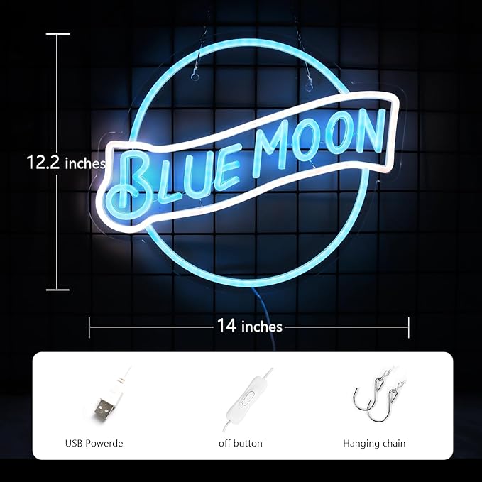 JFLLamp Blue Moon Neon Signs for Wall Decor Neon Lights for Bedroom Led Signs Suitable for Man Cave Bar Pub Restaurant Christmas Birthday Party Gift 5V Usb Power, 14 * 12.2 Inch(Azure+White)