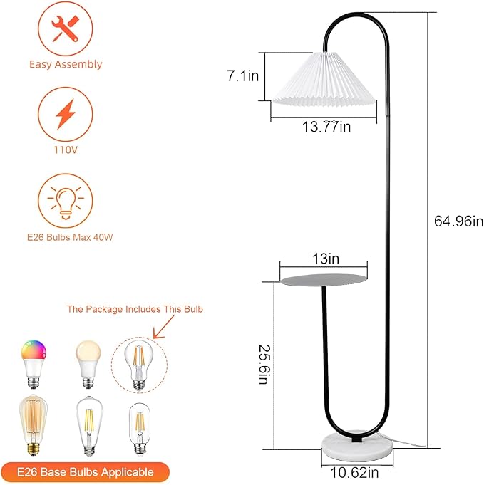 beaysyty Modern Elegant with Tray Floor Lamp for Office Cafe Den Living Room Bedroom, Foot Switch and Black Paint, White Pleated Cloth Lampshade