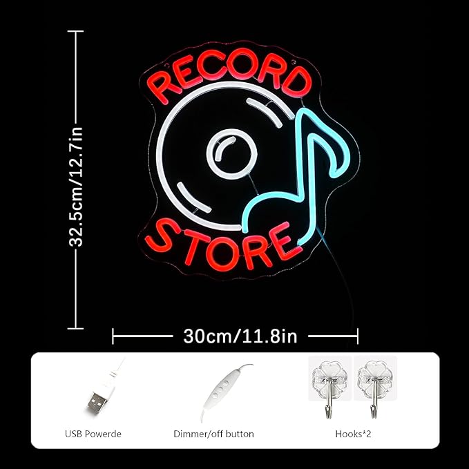 Record Store Neon Sign Music Neon Signs for Wall Decor Letter Neon Light Record Player Sign for Music Studio Decor Live Music Neon Light Sign for Bar Music Decor(Red white)