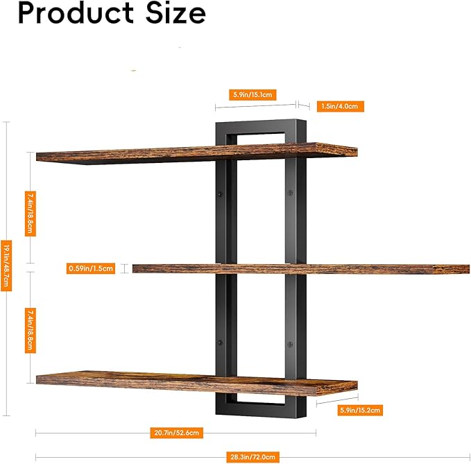 Homode Floating Shelves for Wall, Wood Wall Shelves for Bathroom, 3 Tier Shelves for Wall Decor, Decorative Hanging Storage Shelf for Bedroom Kitchen Living Room, Rustic Brown and Black