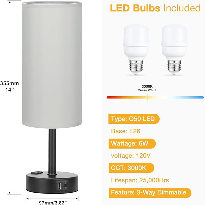 Grey Touch Table Lamps Set of 2-3 Way Dimmable Bedroom Lamps for Bedside with USB C and A Ports, Small Nightstand Lamps with AC Outlet, Desk Lamps with Black Base for Office Boys
