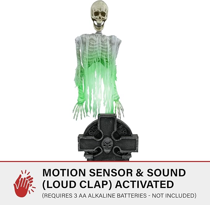 Haunted Hill Farm Motion Activated Floating Skeleton Ghost Over Tombstone by Tekky, Battery Operated Halloween Animatronic for Indoor or Covered Outdoor Creepy Halloween Decorations, Halloween Props