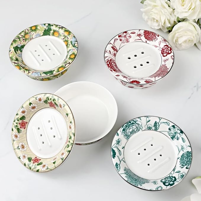 Floral Decorative Self Draining Soap Dish, Double-Layer Round Soap Tray, Vintage Ceramic Soap Dish (Style B)