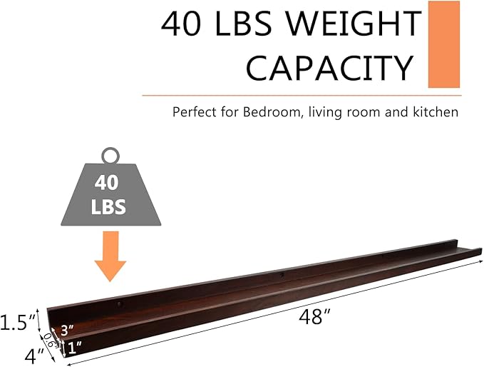 Long Floating Shelf 48 Inch Natural Wood Shelves for Bedroom, Rustic Display Books Picture Ledge Shelf for Wall Mounted, Solid Walnut Wood Shelf, Easy to Install, Walnut Color, 48 *4 *1.5 (1 Pack)