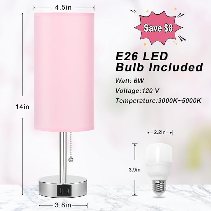 Hong-in Pink Bedside Lamp for Bedroom-Nightstand Lamps with 3 Color Modes with USB-C+A Charging Ports, 3000/4000/5000k Bedroom Lights by Pull Chain