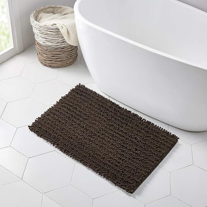Walensee Bathroom Rug Non Slip Bath Mat (36x24 Inch Brown) Water Absorbent Super Soft Shaggy Chenille Machine Washable Dry Extra Thick Perfect Absorbant Best Large Plush Carpet for Shower Floor