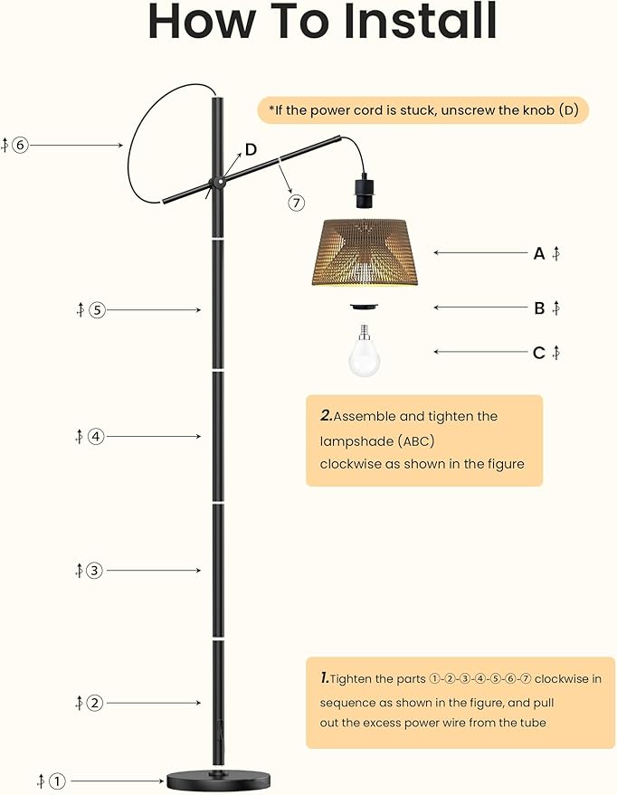 Arc Floor Lamp with Remote, Boho Floor Lamp with 3 Color Temperatures, 2700K-6500K Dimmable Rattan Standing Lamp with LED Bulb and Foot Switch, Adjustable Tall Lamp for Living Room Bedroom