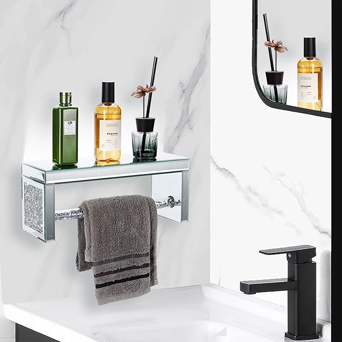 TACIDON Glass Mirrored Wall Shelf. Wall Mounted for Over Toilet. Glamorous Crystal Diamond Glass Towel Bar. Decorative Storage Glass Shelf for Bathroom, Kitchen or Bedroom.(Silver)