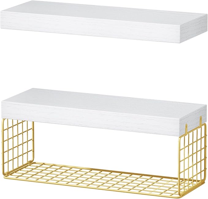 QEEIG Bathroom Shelves Over Toilet - Wall Mounted Floating Shelves Toilet Paper Storage Small Modern Decor Shelf 16 inch Set of 2, White and Gold (019-WG2)