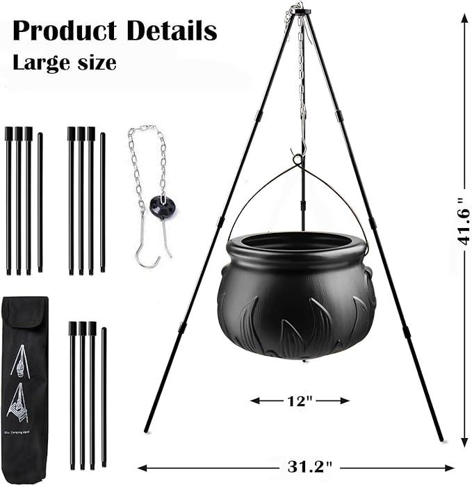 Halloween Decorations Outdoor - Large Witches Cauldron on Tripod with Lights - Black Plastic Cauldron Candy Bucket Decoration for Yard Home Porch Outside