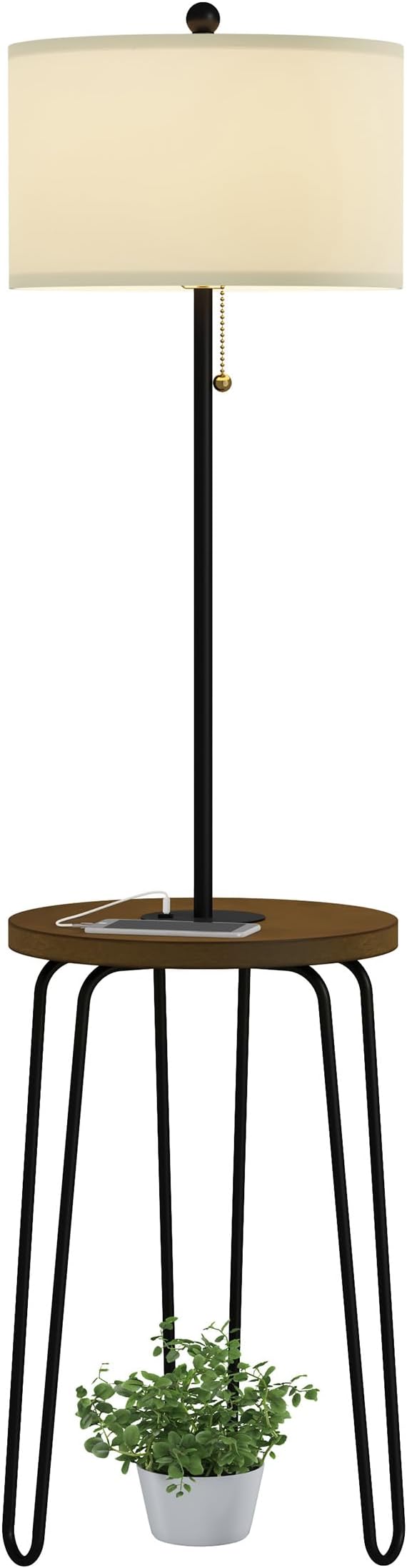 Floor Lamp with Table - Mid-Century Modern Nightstand or Side Table with USB Port and Hairpin Legs - Standing Light with Shelves by Lavish Home