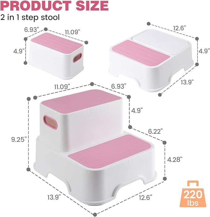 GAOMON Toddler Step Stool, 2 Step Stool for Kids, Toddler Step Stool for Bathroom Sink, Non-Slip Double up Kids Step Stool for Potty Training, Kitchen, Bedroom, Toilet (2 Pack, Pink)