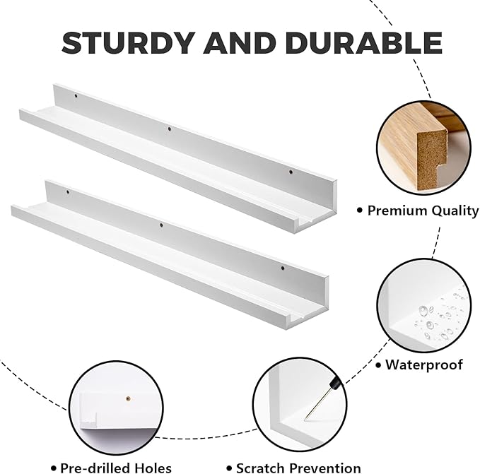 Muzilife 35.4" Large Floating Wall Ledge Shelves with Lip - Set of 2 Wood Floating Shelves - White Wall Mounted Picture Ledge for Office, Bathroom, Bedroom, Living Room, Kitchen