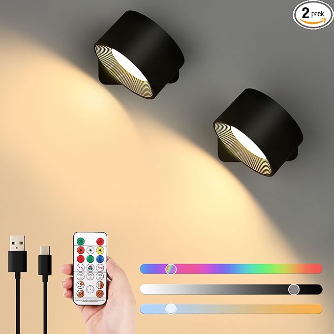 Lightess 2PC LED Wall Sconces, 19 Colors Dimmable Wall Mounted Lamp with Rechargeable Battery Operated USB, 360°Rotate Magnetic Ball, Touch & Remote Control, Cordless Wall Light for Reading Bedside
