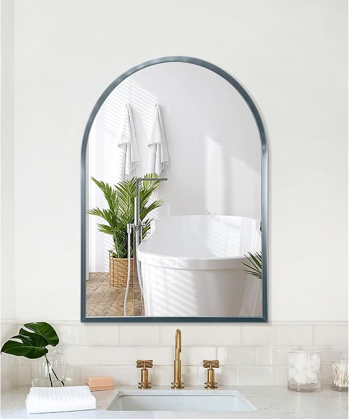 Arch Wall Mirror Bathroom Mirror Blue Metal Framed Mirror, Arched Wall Mounted Vanity Mirror for Bedroom, Living Room, Entryway, 20"x16"