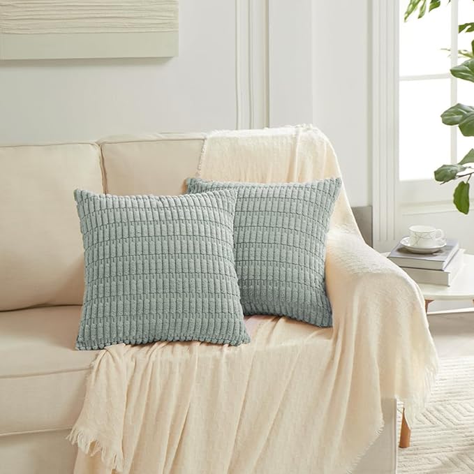 Fancy Homi 4 Packs Grey Blue Decorative Throw Pillow Covers 22x22 Inch for Living Room Couch Bed Sofa, Rustic Farmhouse Boho Home Decor, Soft Striped Corduroy Square Cushion Case 55x55 cm