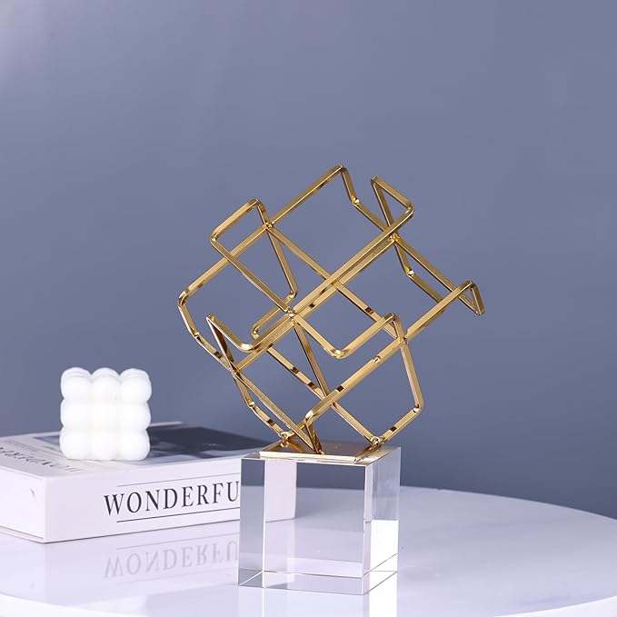 DOVDOV Gold Geometric Decoration, Metal Geometric Knot Statue with Crystal Base, Unique Home Decor for Room Office Display Shelf Entryway Model Home Decor