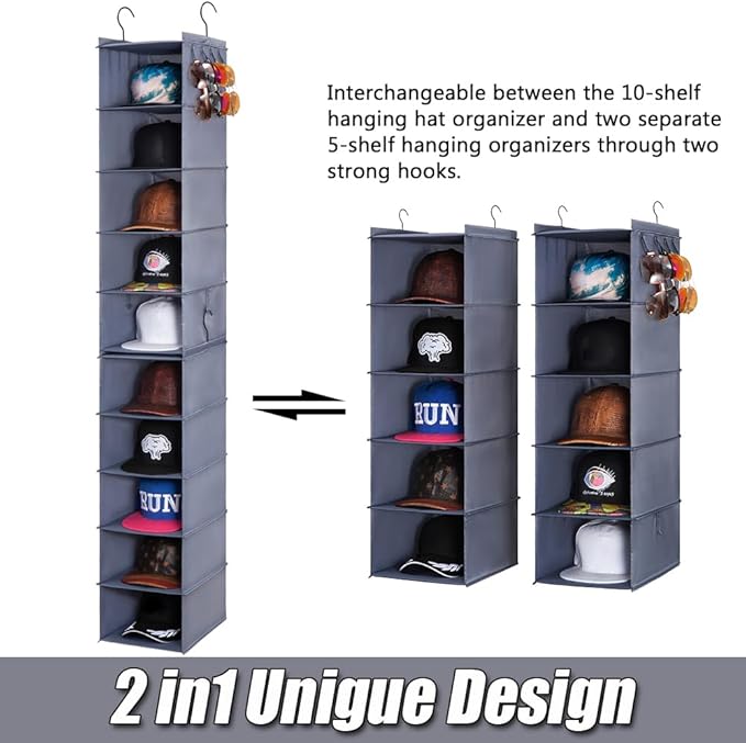LADYBRO Baseball Cap Storage for Closet Hanging Hats Organizer 10-Shelf Racks 2 Pcs 5-Shelf Newsboy Trucker Sunhat Boxes Container Display Hanger Holder Organization Oxford Cloth Space Saver