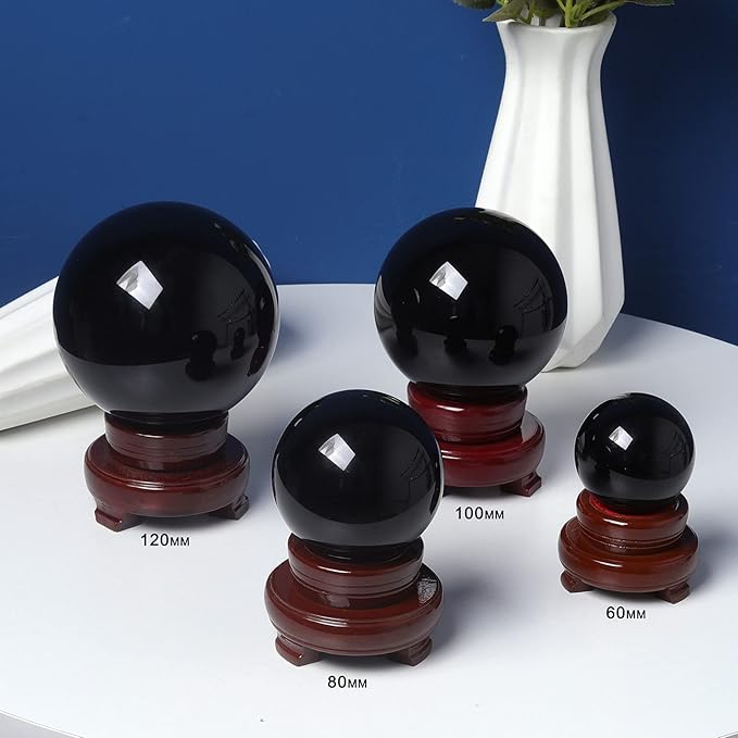 LONGWIN 120mm (4.7 in) Divination Black Crystal Ball Fengshui Sphere Home Decorations Meditation Ornaments with Rotating Wooden Stand