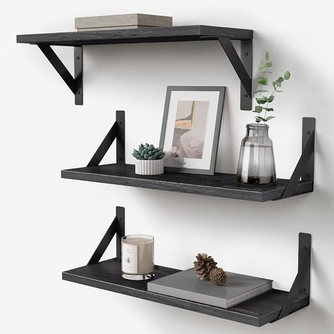 Forbena Black Floating Shelves Bathroom Set of 3, Wooden Wall Book Shelves, Rustic Shelf for Storage, Bathroom Organizer, Living Room, Kitchen, Office (Black)