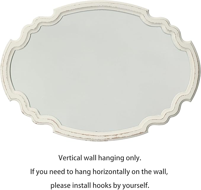 Vintage Sculpted Oval Mirrors for Wall Decor Living Room 16 x 23 inch, Hanging Distressed White Ornate Accent Wood Farmhouse Mirror, Rustic Wall Mounted Mirrors for Small Bathroom Entryway