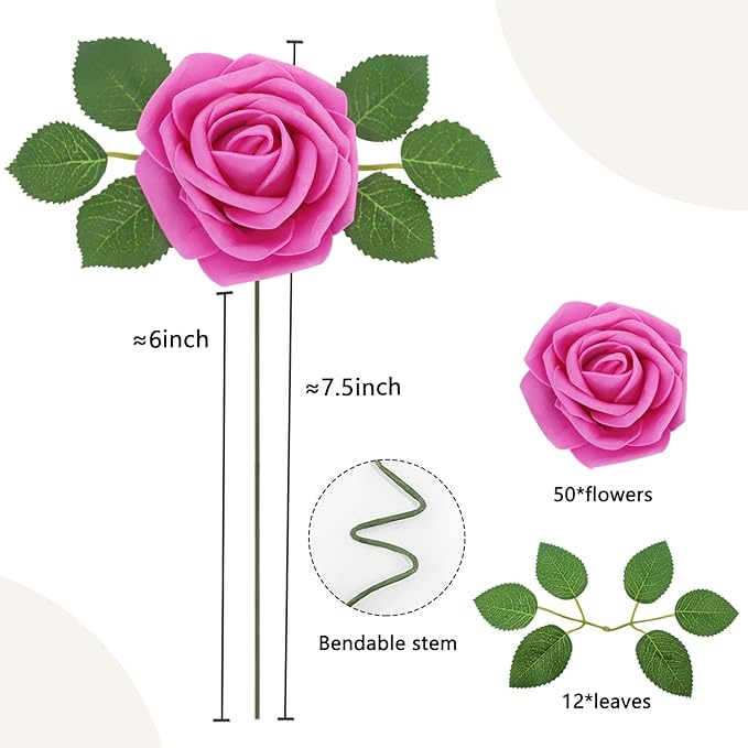 Artificial Flowers Roses Real Looking Foam Fake Roses with Leaves and for DIY Wedding Bouquets Bridal Shower Centerpieces Party Decorations (Hot Pink, 50)