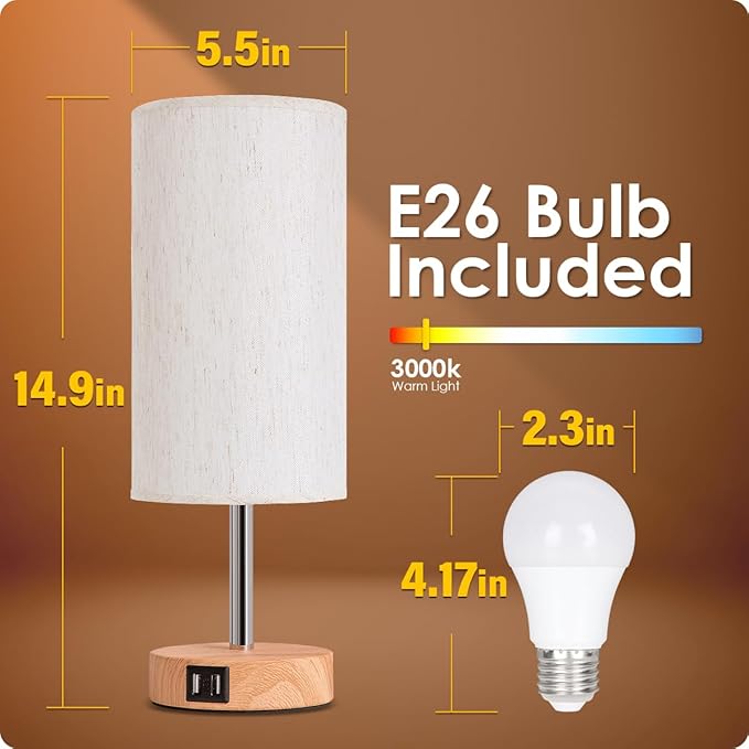 Yarra-Decor Bedside Lamps with USB Port - Touch Control Table Lamp for Bedroom Wood 3 Way Dimmable Nightstand Lamp Set of 2 with Round Flaxen Fabric Shade for Living Room, Dorm, Home Office (2 Pack)