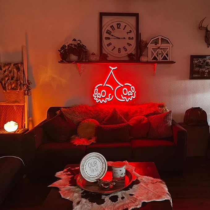 Skull Neon Sign,Cherry Wall Decor for Bedroom,Halloween Horror Decor,Gothic Red Light for Party,USB Powered Cherry Skull,Goth Lover Gifts-15"Red
