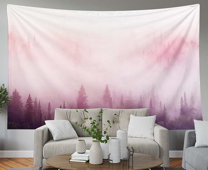 EMMTEEY Foggy Forest in the Pink Mist at Sunup - Pink Aesthetic Tapestry 92.5x70.9