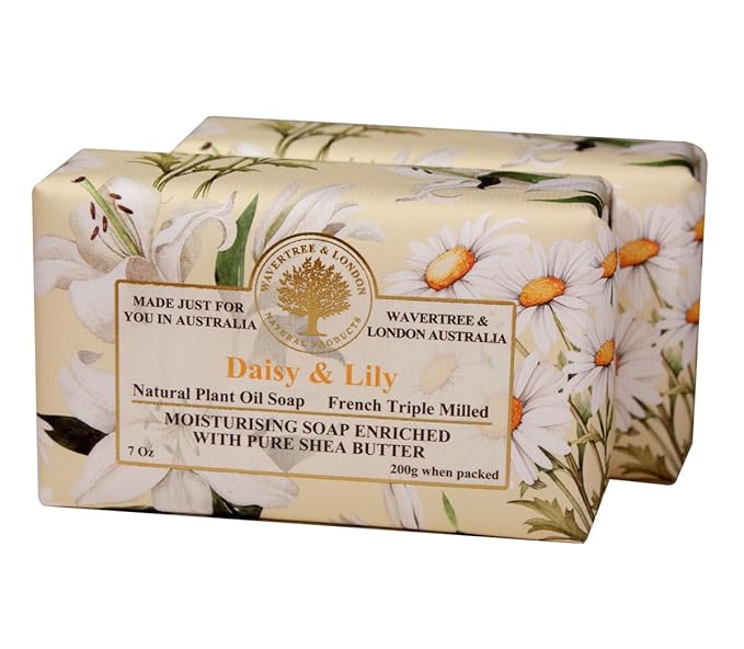 Wavertree & London Daisy & Lily Scented Natural Soap (2 Bars), 7oz Moisturizing French Triple Milled Soap Bars enriched with shea butter - Pure Plant Oil Bath & Body Soap for All Skin Types