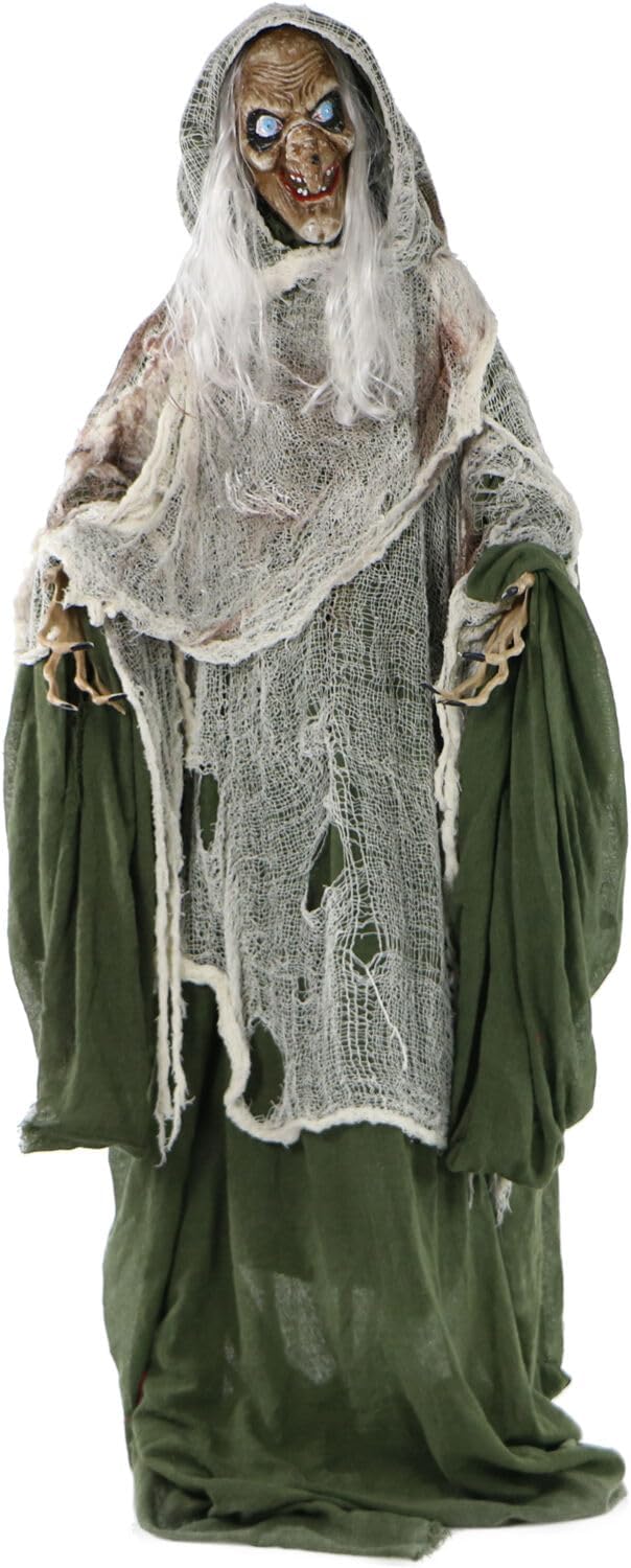 Haunted Hill Farm Life-Size Scary Talking Witch, Animatronic with Touch Activated Lights and Sound, Battery Operated Indoor or Covered Outdoor Decoration, Creepy Halloween Prop