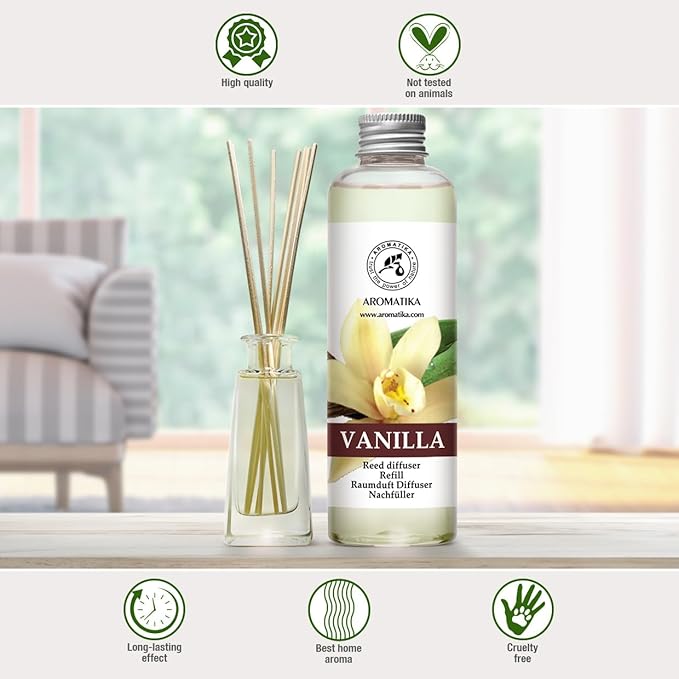 Vanilla Diffuser Refill w/Natural Essential Vanilla Oil 6.8 Fl Oz - Intensive - Fresh & Long Lasting Fragrance - Reed Diffuser Oil Refill Vanilla - for Aromatherapy - SPA - Home - Office - Fitness