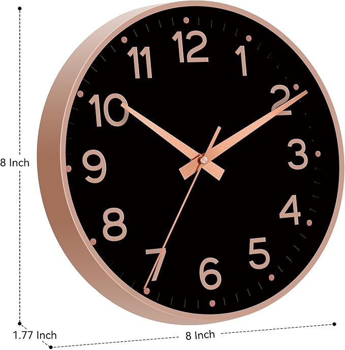 Wall Clock, Silent Wall Clocks Battery Operated 8 Inch-Modern Non Ticking Analog Clock Decorative for Kitchen Office Bathroom Bedroom(Black Rose Gold)
