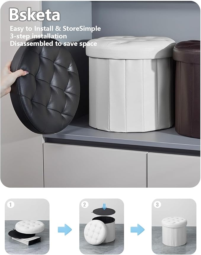 Bsketa® Ottoman with Storage, Foot Rest Stool with Thicker Foam Padded Seat Leather Small Round 14“ x 14” x 13 "Inchs Storage Ottoman Bench for Living Room Foldable Pouf Coffee Table 2 Pack,White