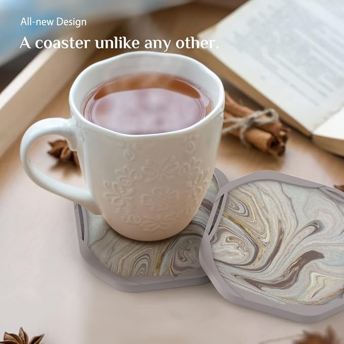 UMIRRO Absorbent Coasters for Drinks with Gold Holder, Silicone Cup Coaster with Felt Insert for Coffee Table Decor, Small Birthday Gift Ideas for Men Dad Him Women Mom Her, 4" Marble Style, Set of 6
